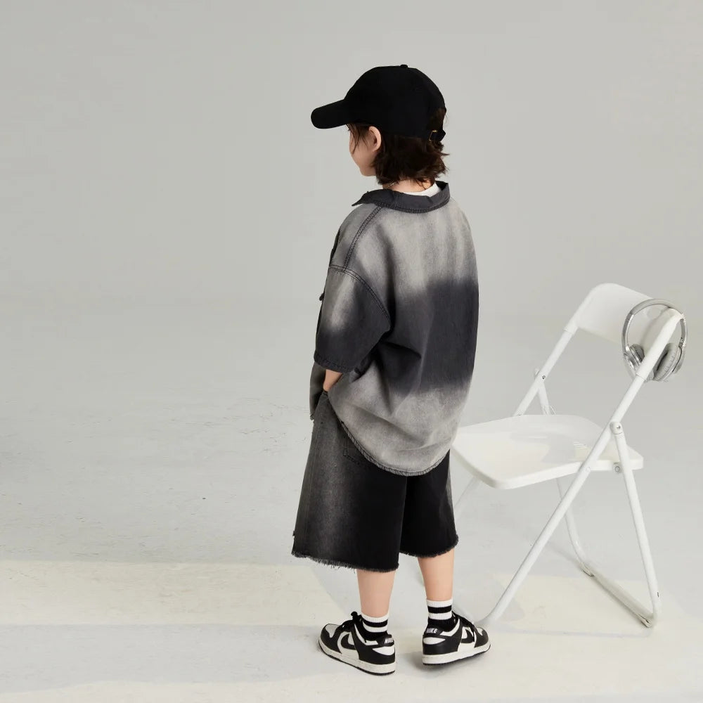 Fashion Boys' Cotton Gradient Gray Short Sleeve Shirt - Summer All-Match Tops (4-16Y)