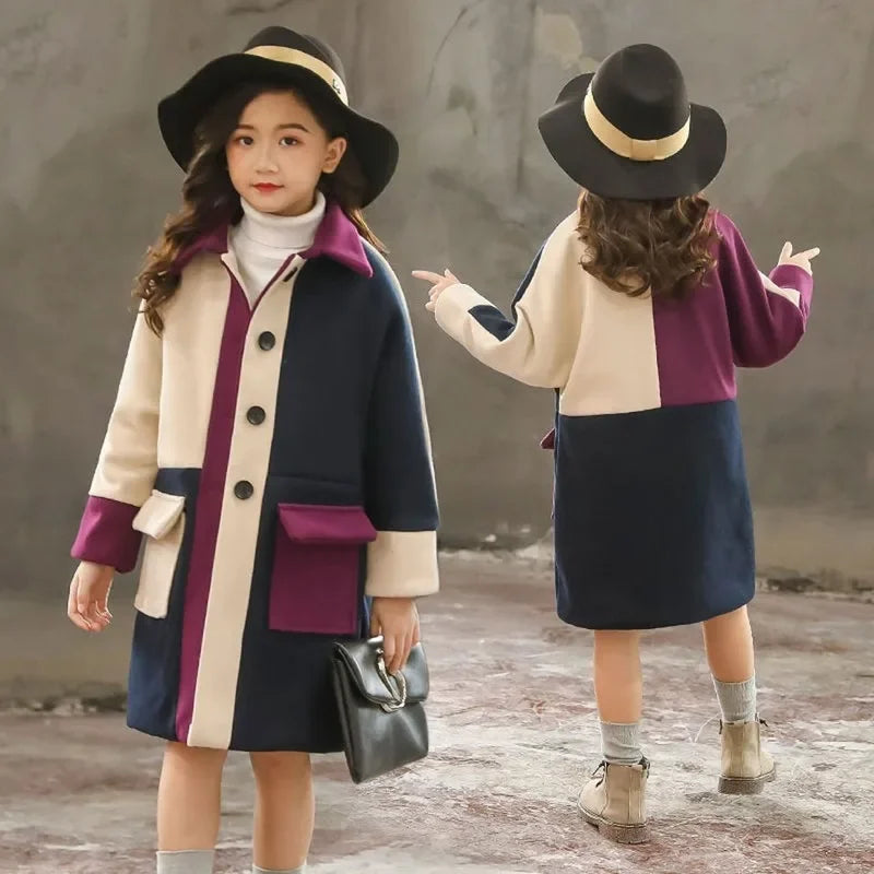 Girls Wool Coat Autumn Winter Jacket - Fashionable Outerwear for Ages 4-13