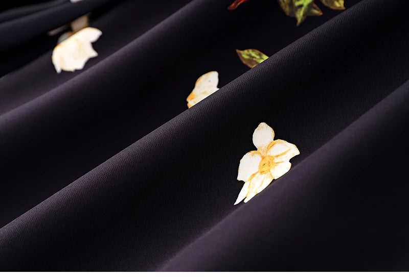 Women's Black Floral Print A-Line Dress - Autumn 2024 Elegant Chiffon Long Sleeve