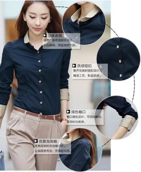 Spring Women's Patchwork Shirt – Long Sleeve Slim Fit Polo Blouse