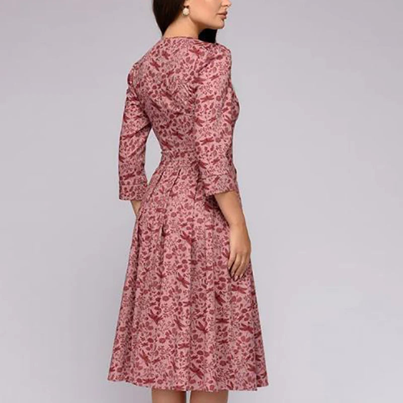 Spring Autumn Office Lady Knee Length Elegant Vintage Long Sleeve Party Dresses Women Floral Printed Dress