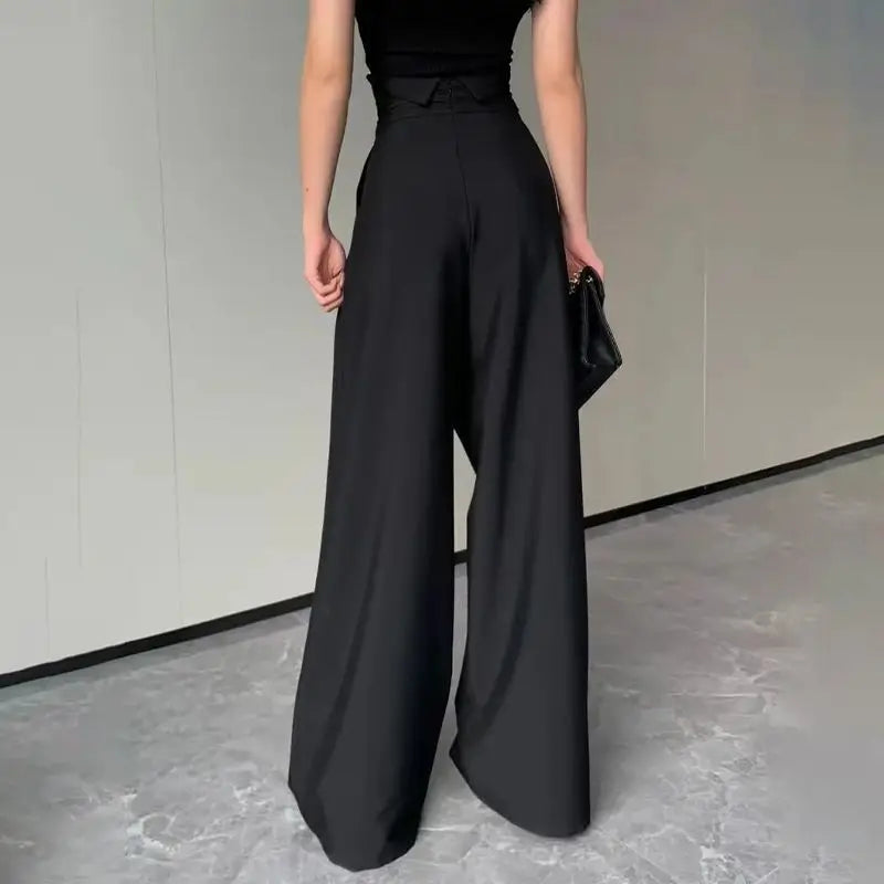 Women's Black Wide-Leg Pants, High-Waisted, Loose, Casual Straight Trousers