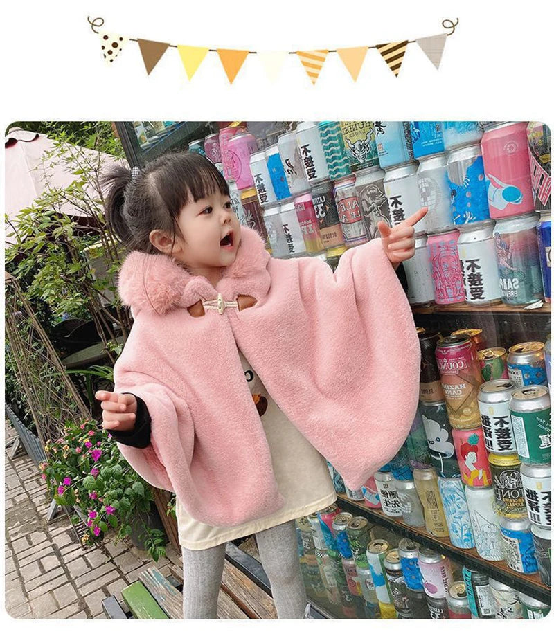 Baby Girl Faux Fur Hooded Cloak - Winter Princess Cape for 1-7 Years