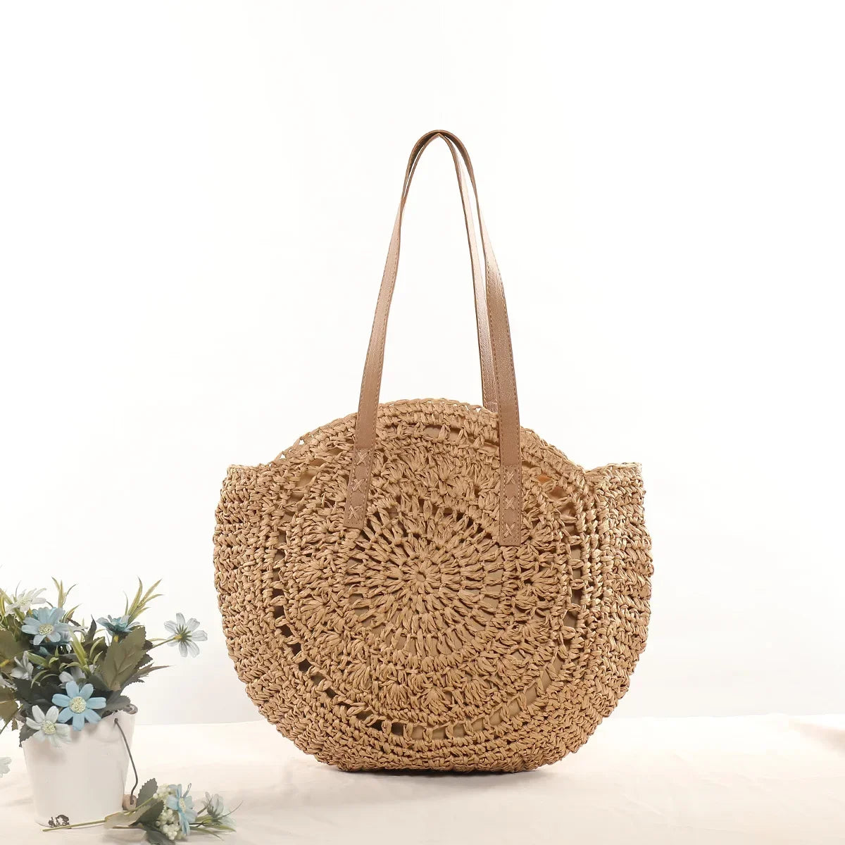 Vintage Round Straw Beach Bag – Handmade Rattan Shoulder Bag, Bohemian Summer Casual Style