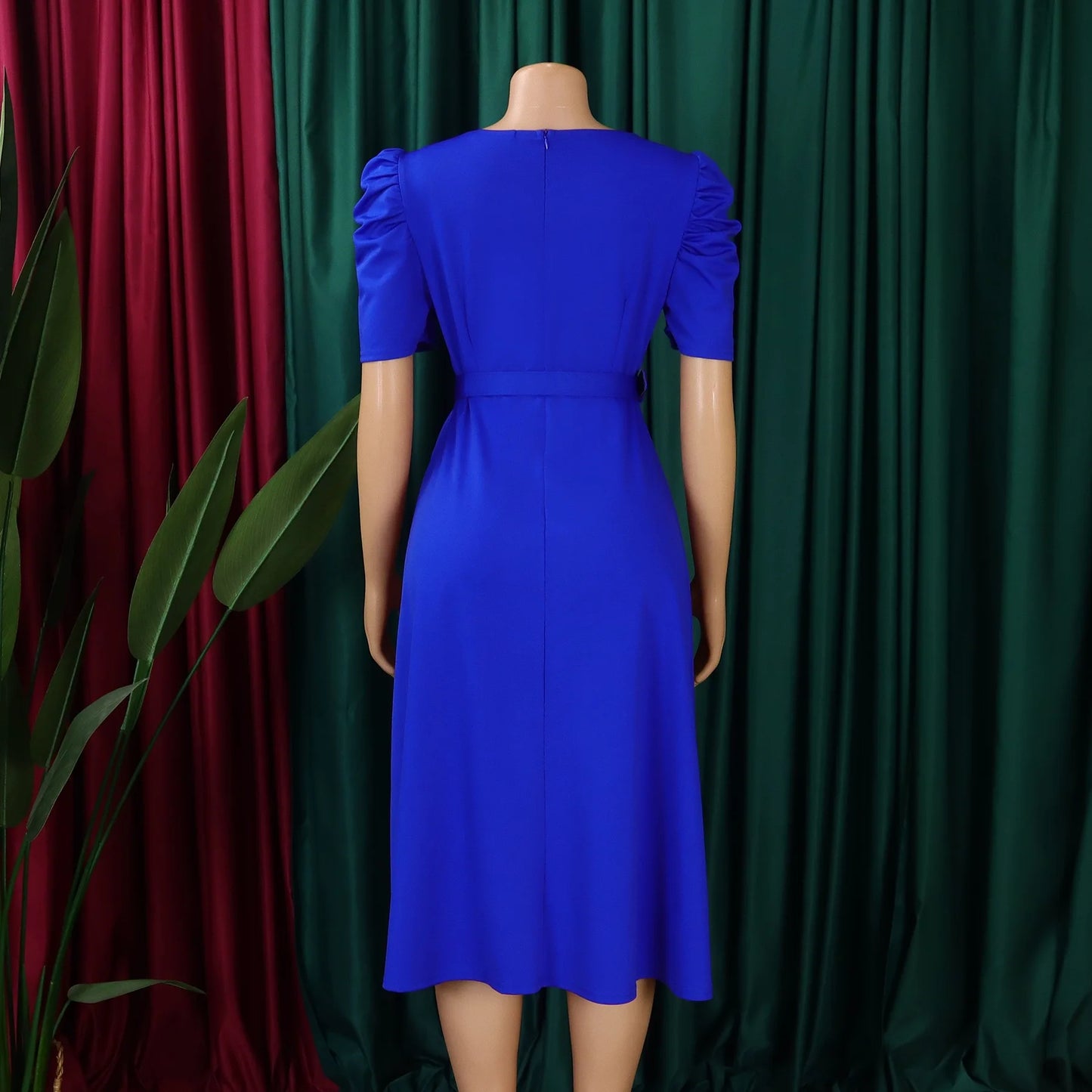 Elegant V-Neck Pleated Party Dress – Short Sleeve, Belted, Mid-Calf, Luxury for Women