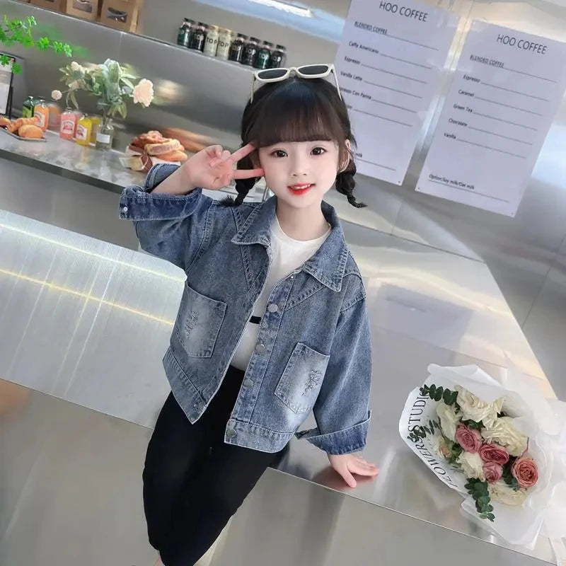 Girls' Denim Jacket – Embroidered Cartoon Rabbit Coat for Kids (Ages 2-7), Autumn Casual Outerwear