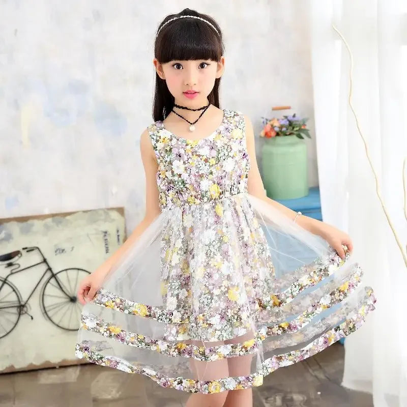2024 Girls' Mesh Summer Dress – Fashionable Flower Dress for Ages 3-12