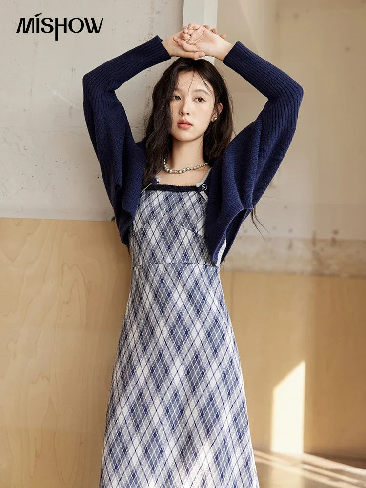 French Vintage Plaid Dress & Knit Cardigan Set for Women