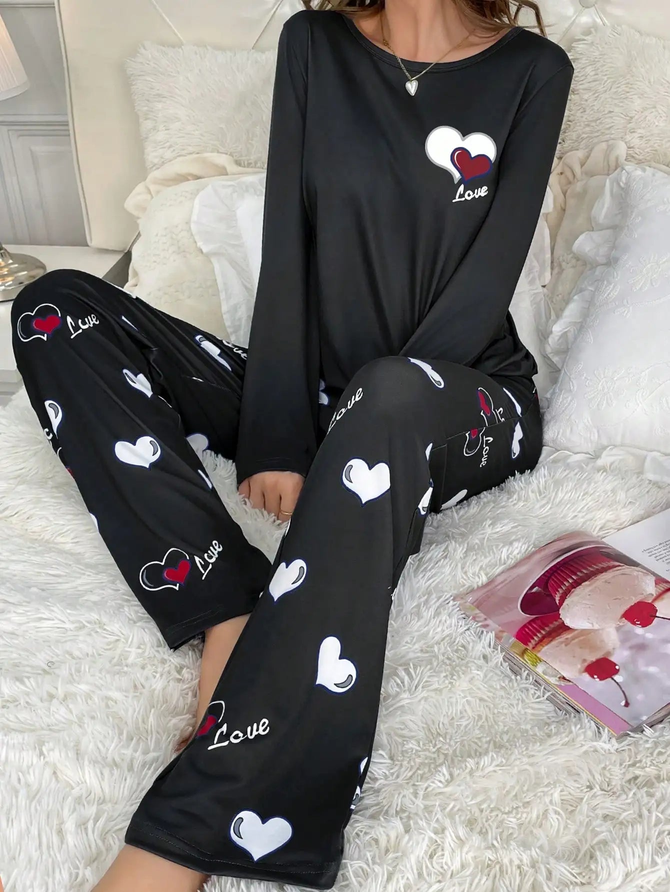 Autumn Winter Heart Print Pajamas for Women - Milk Silk Sleepwear