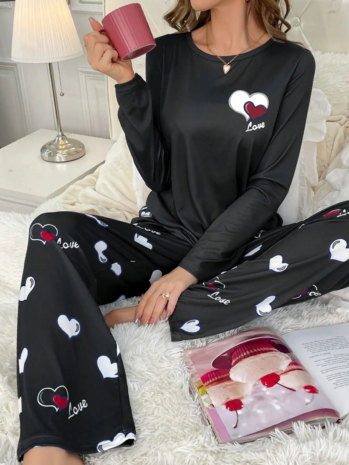 Autumn Winter Heart Print Pajamas for Women - Milk Silk Sleepwear