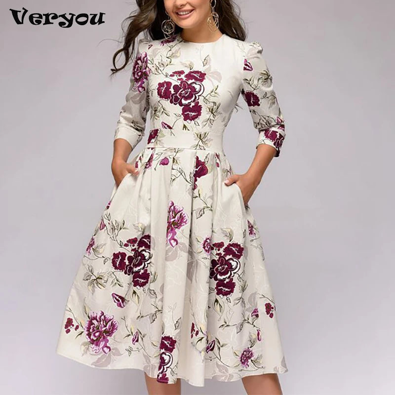 Spring Autumn Office Lady Knee Length Elegant Vintage Long Sleeve Party Dresses Women Floral Printed Dress