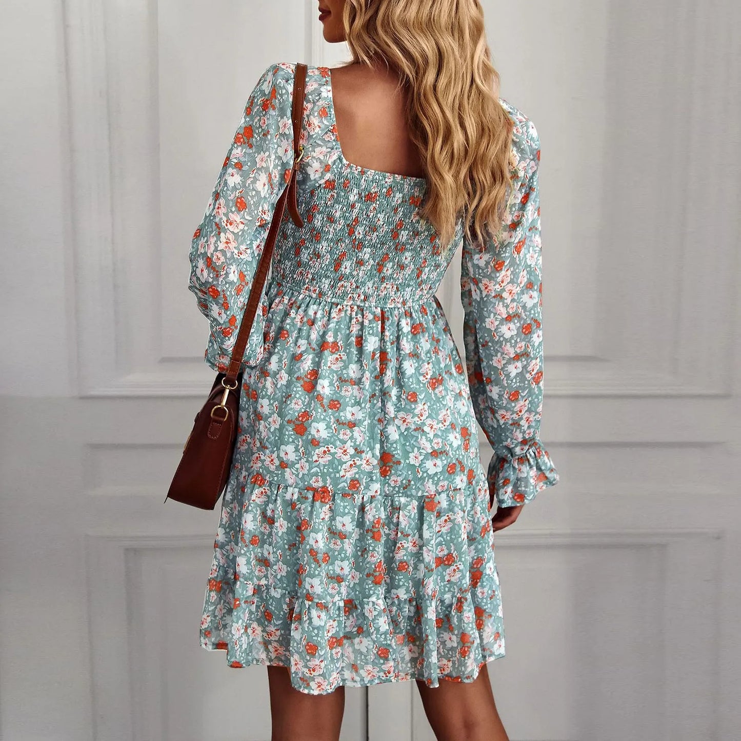 Women's Floral Chiffon Square Neck Long Sleeve Mini Dress