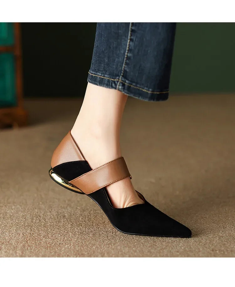 Women's Suede High Heels – Square Toe Pumps with Metal Decoration, Black/Apricot