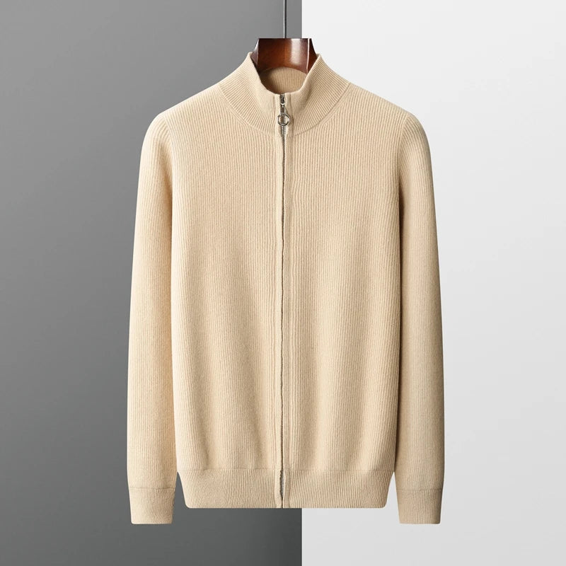 Autumn Winter 100% Pure Wool Men's Warm Sweater Stand Collar Thickened Cardigan  New Cashmere Casual Knitted Large Size Top