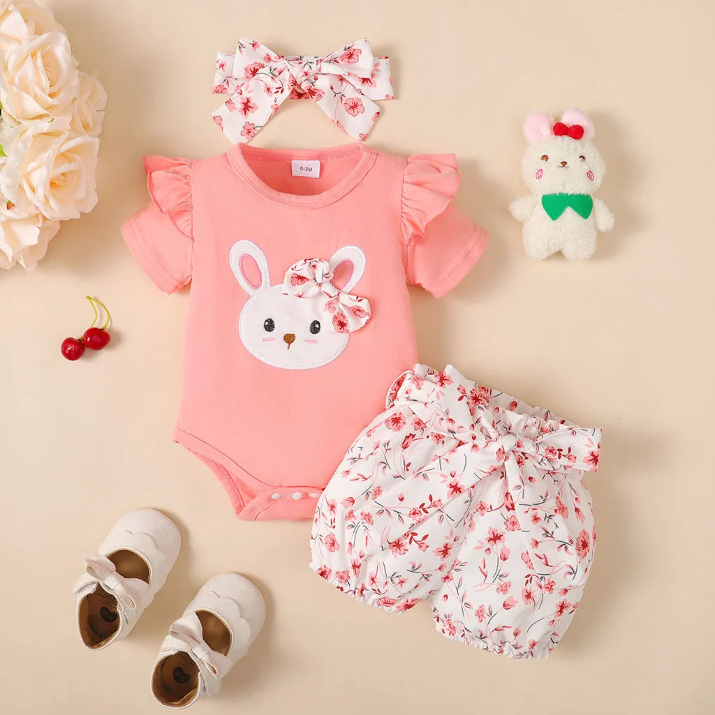 3-Piece Baby Girl Outfit: Rabbit Bodysuit, Shorts & Headband