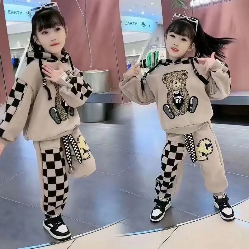 Spring/Autumn 2-Piece Girls' Set – Cartoon Bear Hoodie and Pants for Kids (Ages 2-8)