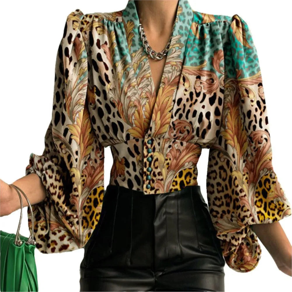 Women’s V-Neck Lantern Sleeve Printed Shirt - 2024 latest collection