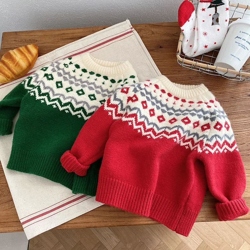 Winter Baby Christmas Sweater – Kids' Jacquard Knit Pullover or Toddler Cardigan