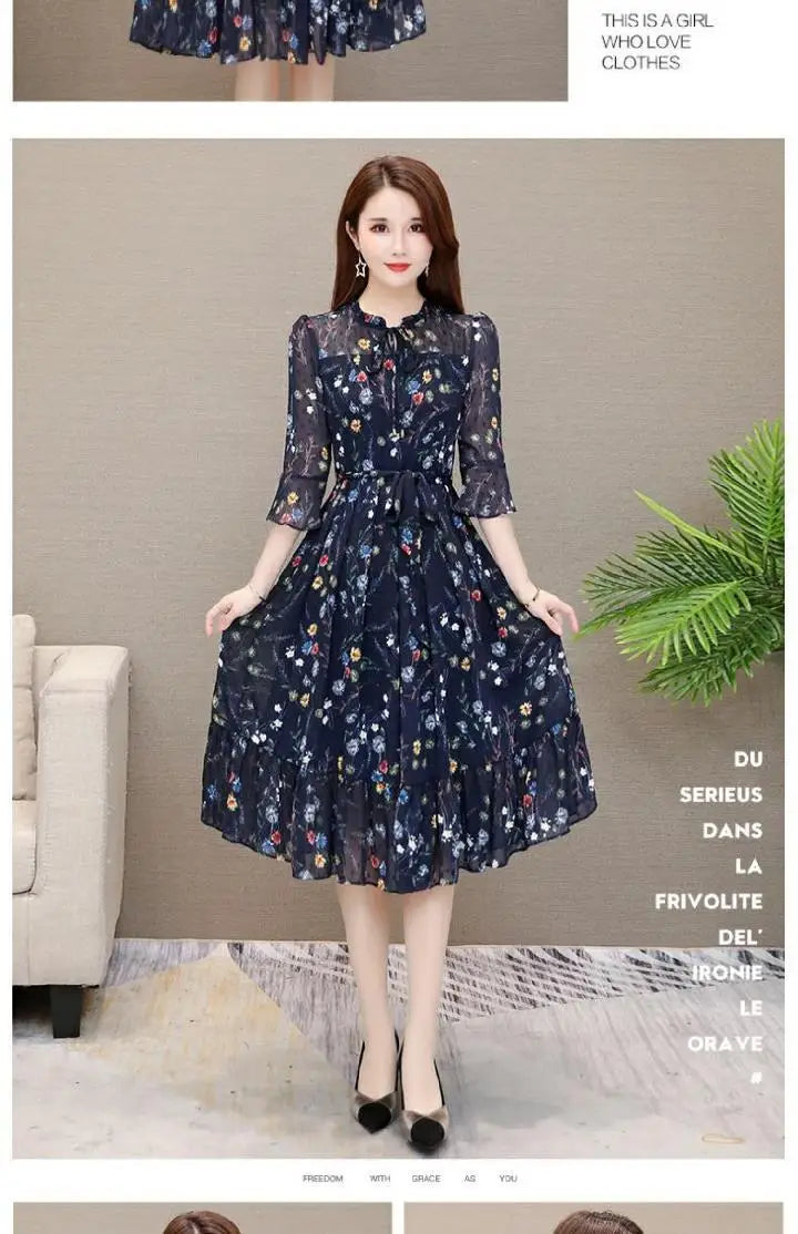 Ladies Summer Floral Chiffon Midi Dress with 3/4 Sleeves