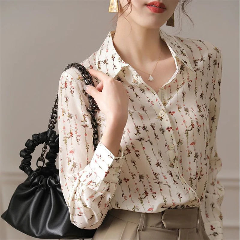 Women’s Floral Printed Button Shirts – Elegant Chic Blouse for Business Casual Office Wear in Spring and Autumn