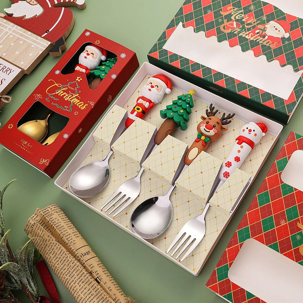 2/4Pcs Christmas Stainless Steel Dinnerware Set – Luxury Gift Box, Santa Cutlery
