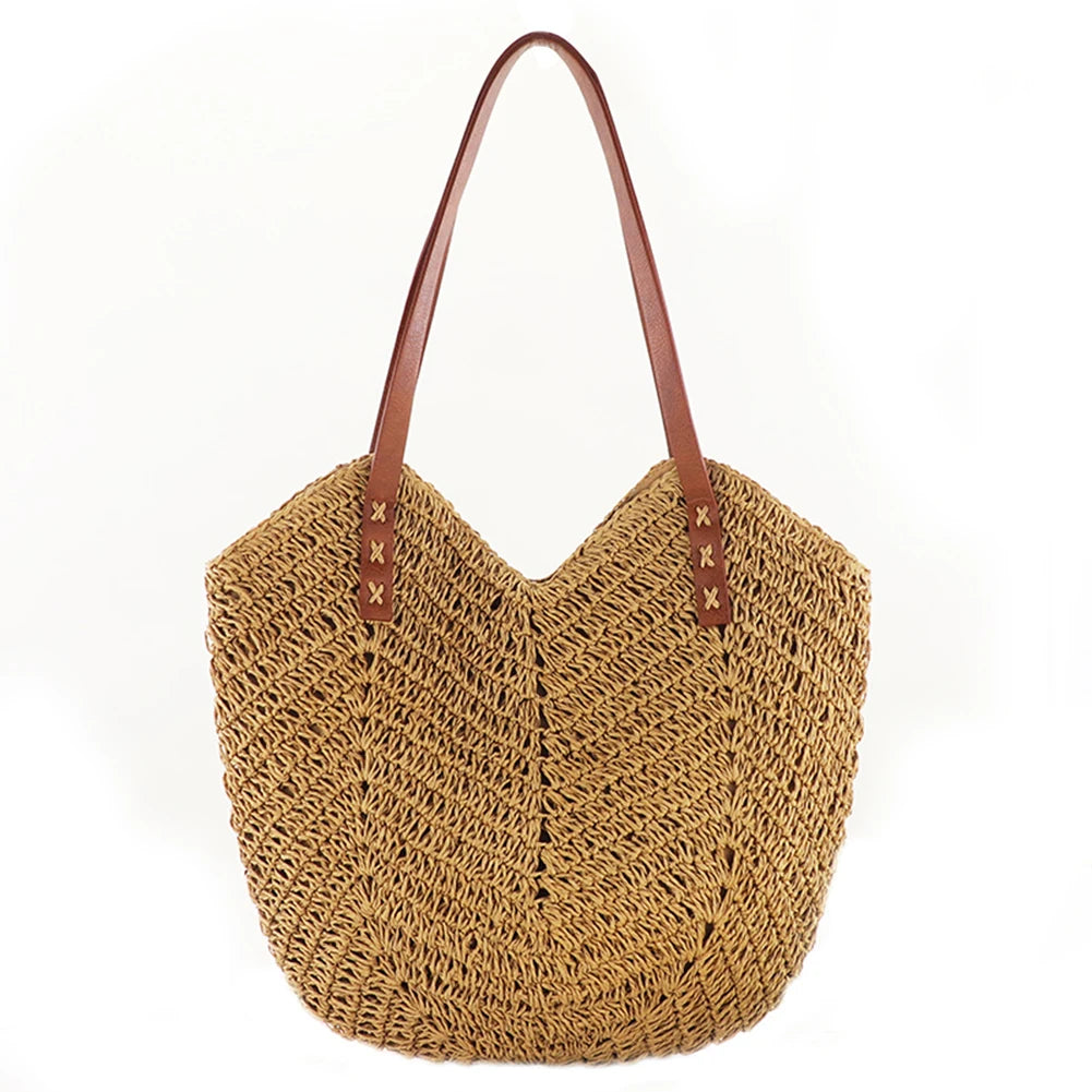 Summer Straw Woven Shoulder Bag: Vacation Tote for Travel and Shopping