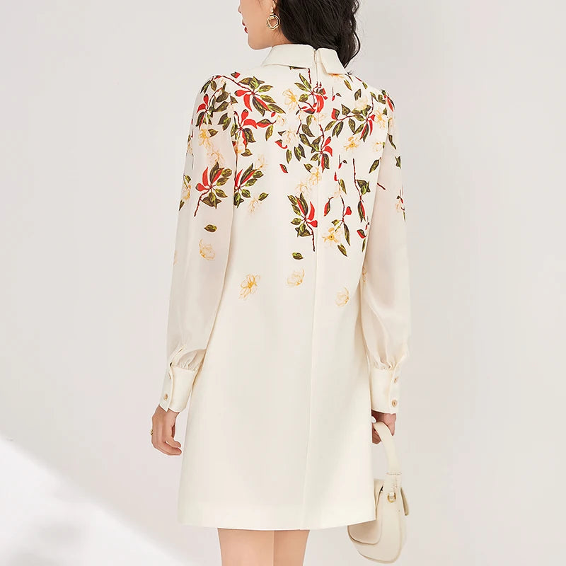 Women's Black Floral Print A-Line Dress - Autumn 2024 Elegant Chiffon Long Sleeve