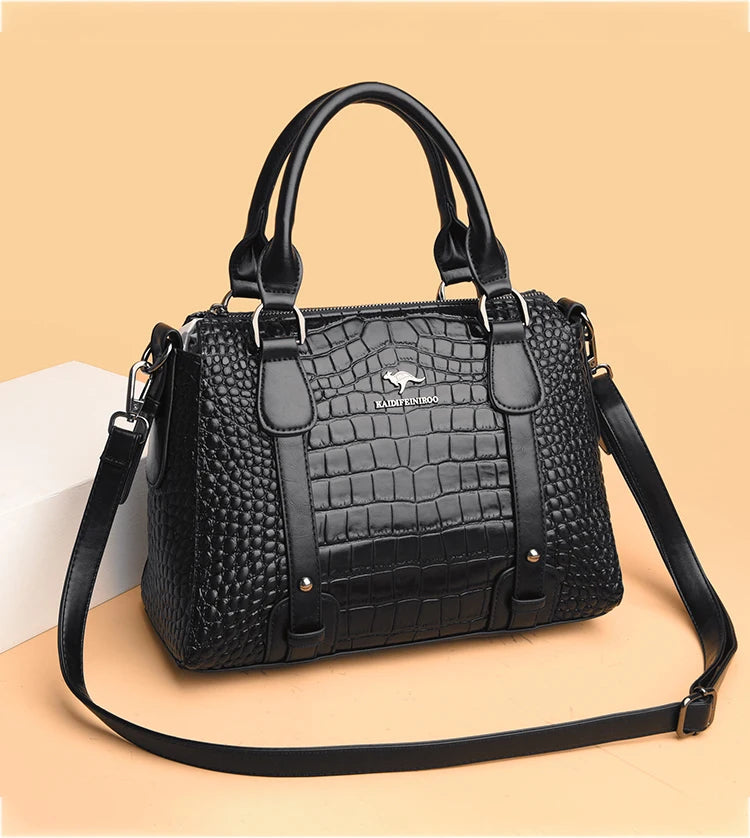 Luxury Genuine Leather Handbag - Women's Crocodile Pattern Shoulder & Crossbody Bag, Large Capacity Casual Tote
