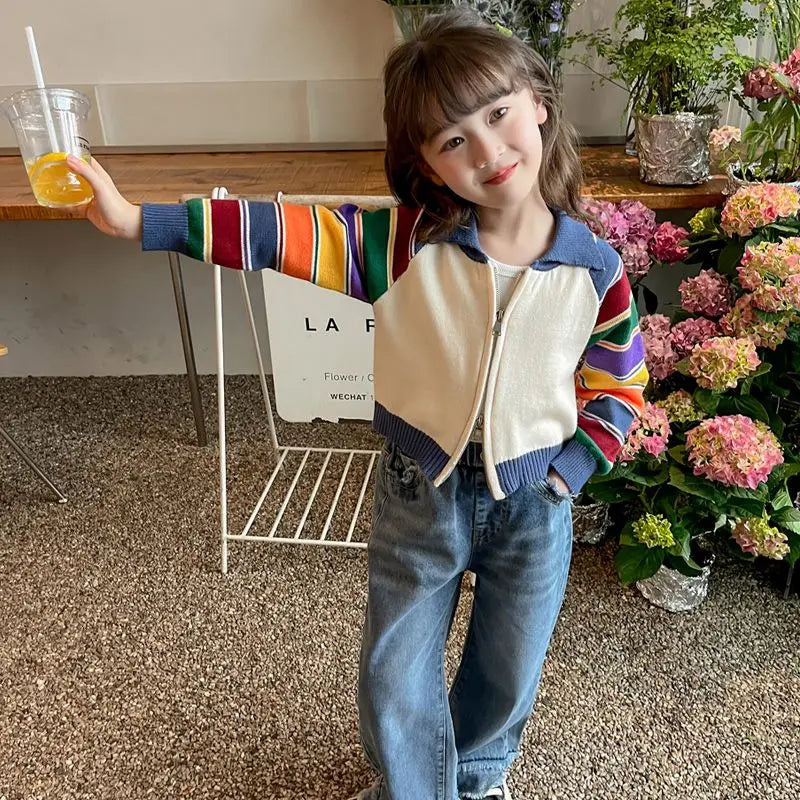 Korean Girls' Cardigan: Patchwork Long Sleeve Sweater (Autumn/Winter)