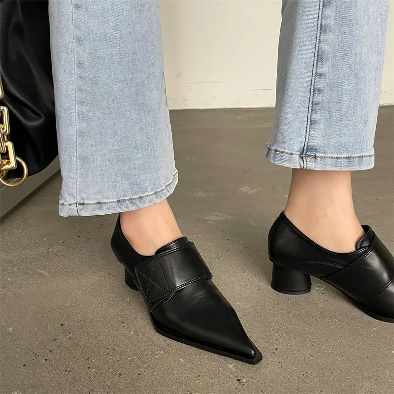 Women's Retro PU Leather Chain Pumps – Pointed Toe, Thick Heels Office Shoes