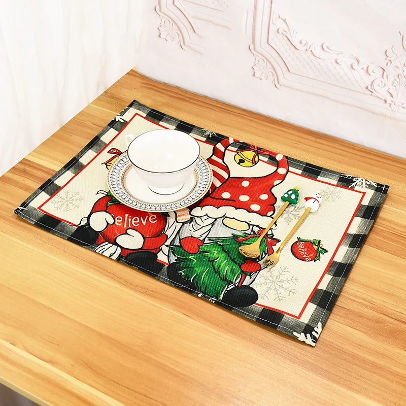 1/2pcs Linen Christmas Placemats – 30x45cm Buffalo Plaid Snowman Gnome Table Mats for Home Decor