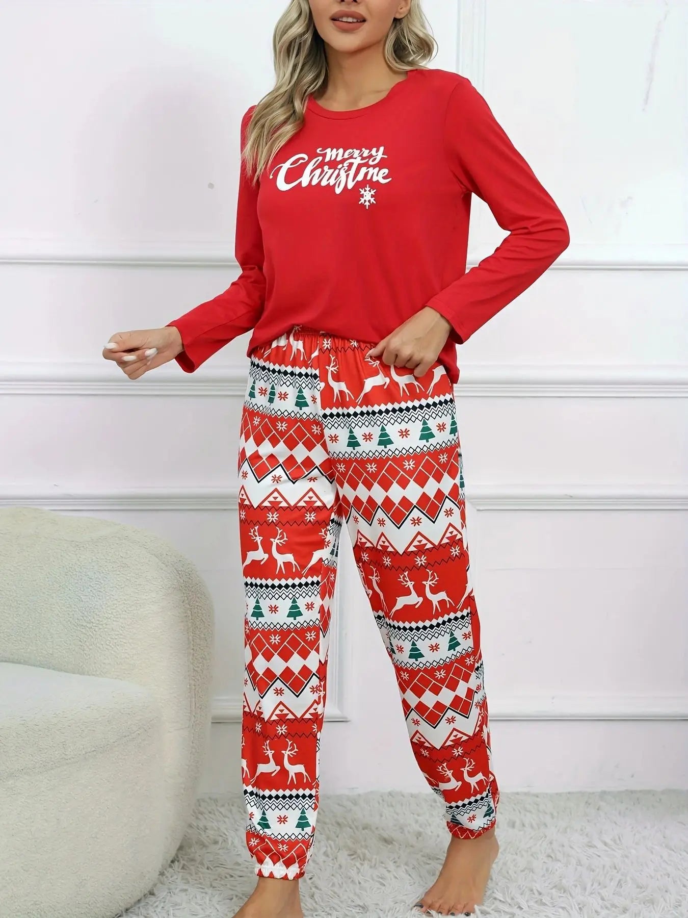 2Pcs Women's Christmas Print Long Sleeve Pajama Set