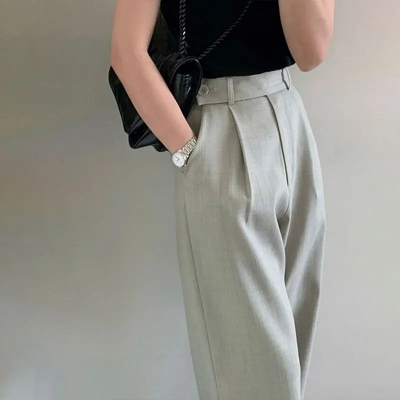 High Waist Narrow Wide-Leg Pants Draping Effect Tight Waist Straight-Leg Pants Classic Women's Trousers Commuter Gray Suit Pants