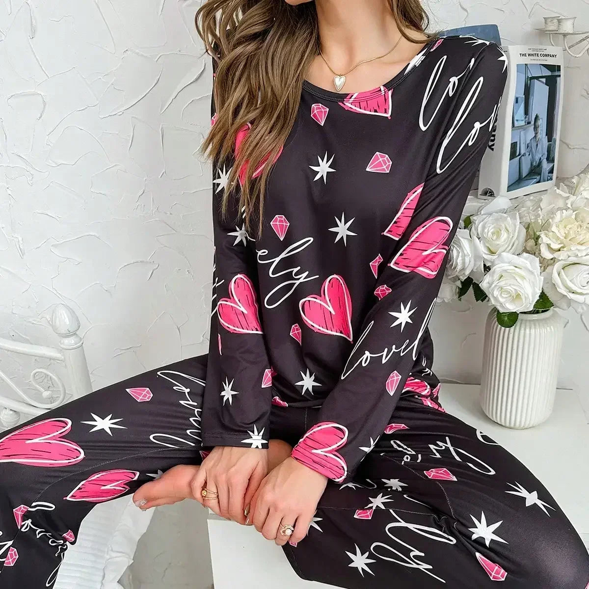Autumn Winter Heart Print Pajamas for Women - Milk Silk Sleepwear