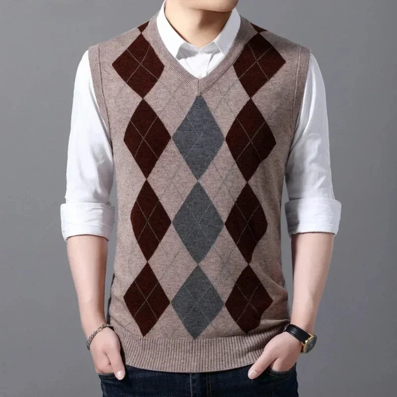 Men's Business Casual Pullover Wear Warm Sleeveless Wool Knitted Sweater Plaid Vest Tops