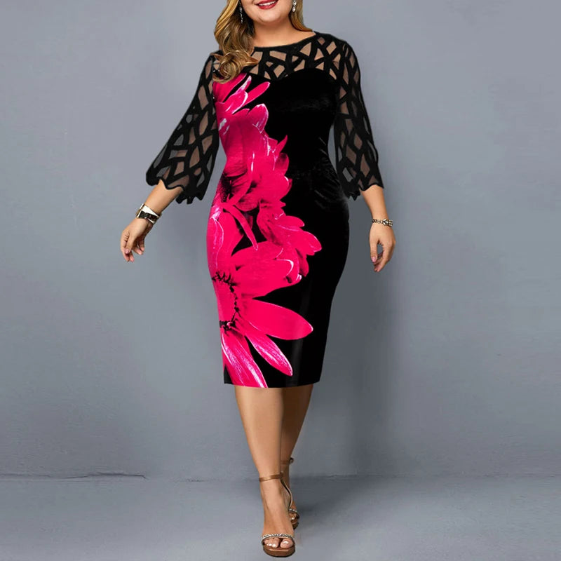 Women's Summer Floral Print Dress – Elegant Mesh Sleeve, Casual Birthday/Party Dress, 3XL/4XL