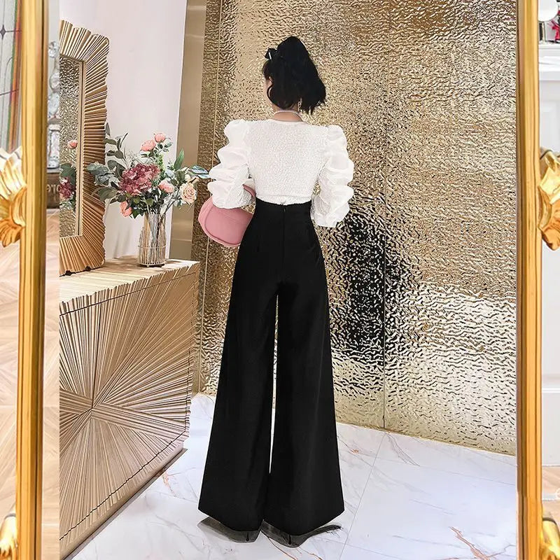 Stylish High Waist Wide-Leg Pants – Spring/Autumn Trousers with 3D Folded Decoration for Women