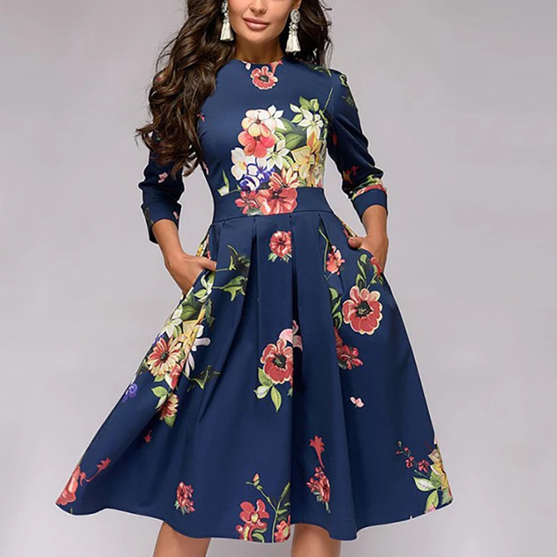 Spring Autumn Office Lady Knee Length Elegant Vintage Long Sleeve Party Dresses Women Floral Printed Dress