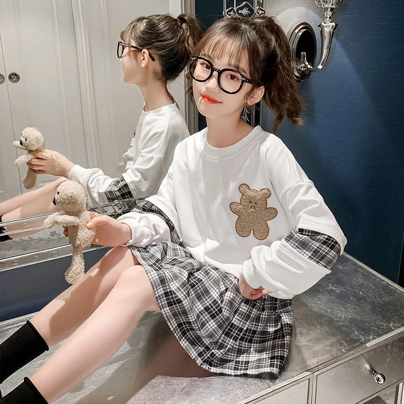Adorable Bear Sweatshirt & Plaid Skirt Set for Girls