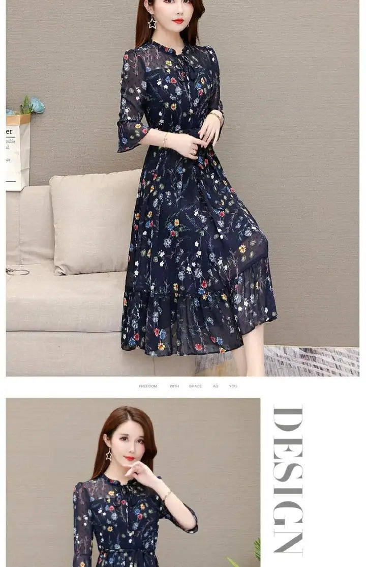 Ladies Summer Floral Chiffon Midi Dress with 3/4 Sleeves