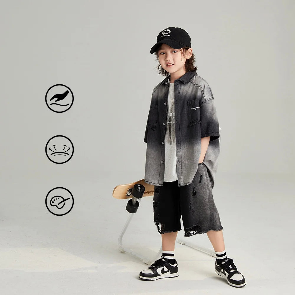 Fashion Boys' Cotton Gradient Gray Short Sleeve Shirt - Summer All-Match Tops (4-16Y)