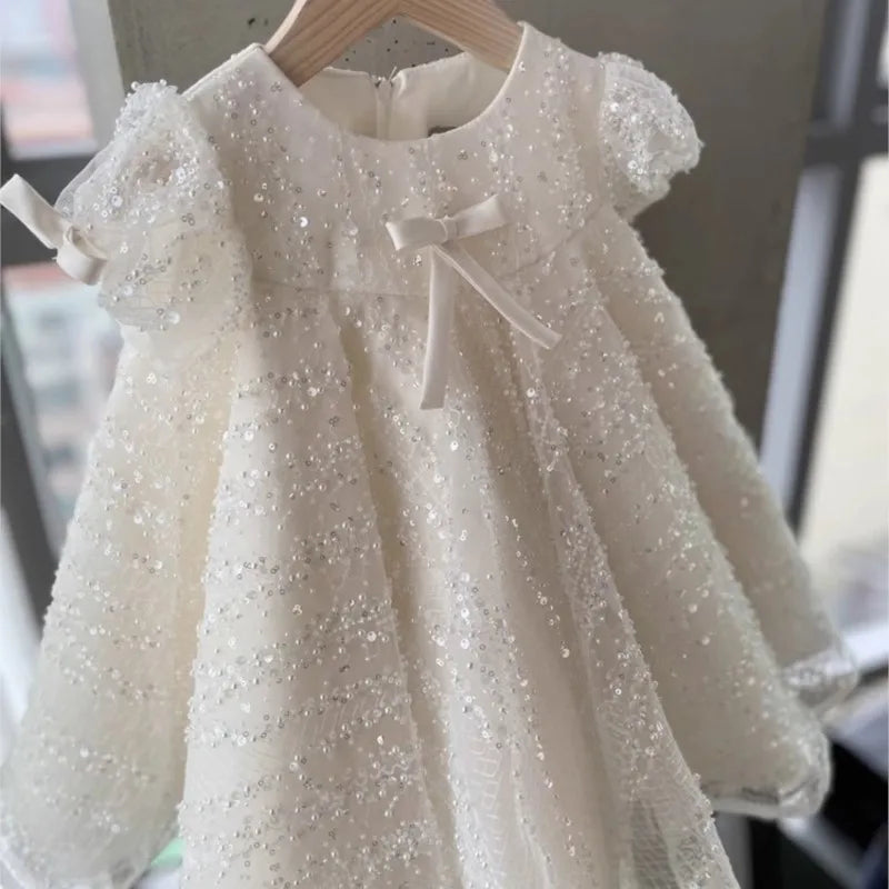 Baby Girl Princess Sequins Tulle Dress – Puff Sleeve Party Dress with Bow for Infants and Toddlers (1-7 Years)