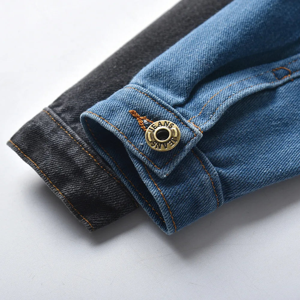 Children Boys' Casual Denim Jacket – Black & Blue Spliced, Turn-Down Collar