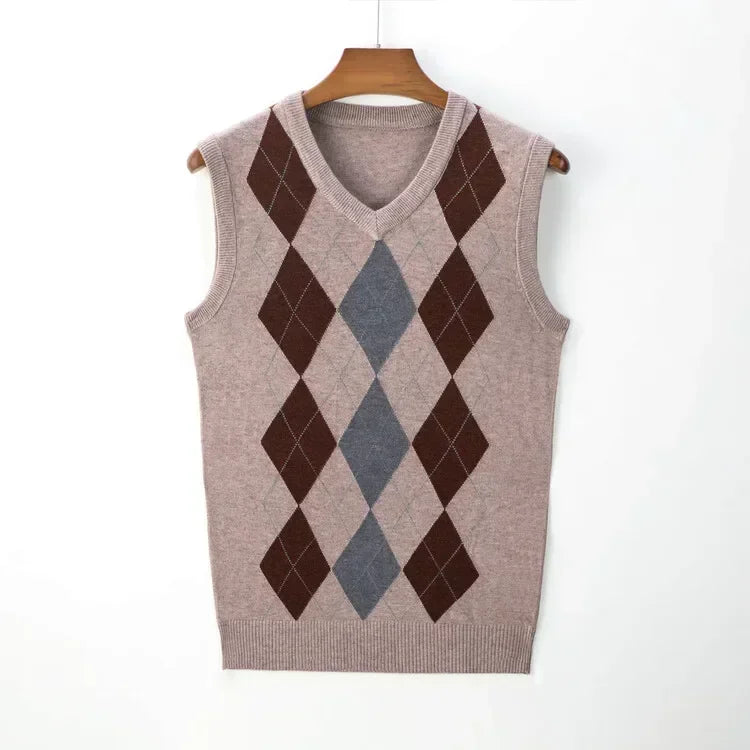 Men's Business Casual Pullover Wear Warm Sleeveless Wool Knitted Sweater Plaid Vest Tops