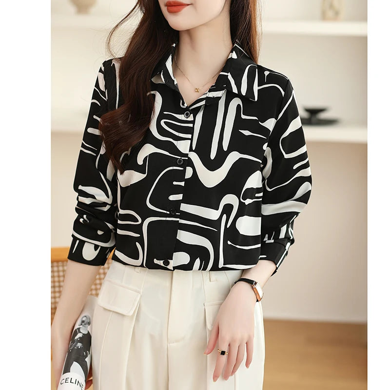 Spring Korean Loose Polo-Neck Long Sleeve Shirt for Women