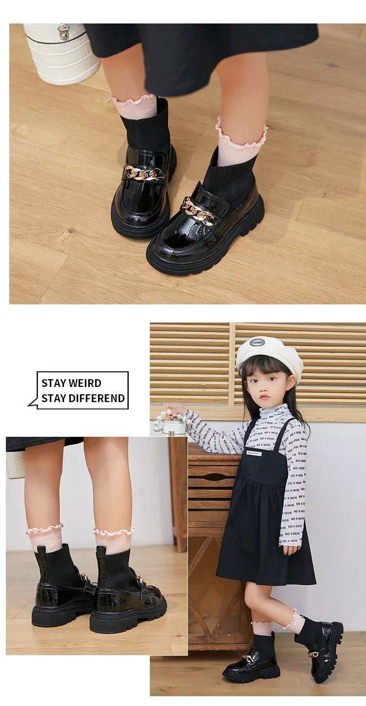 Girls' Leather Princess Boots with Metal Chains & Woven Stitching