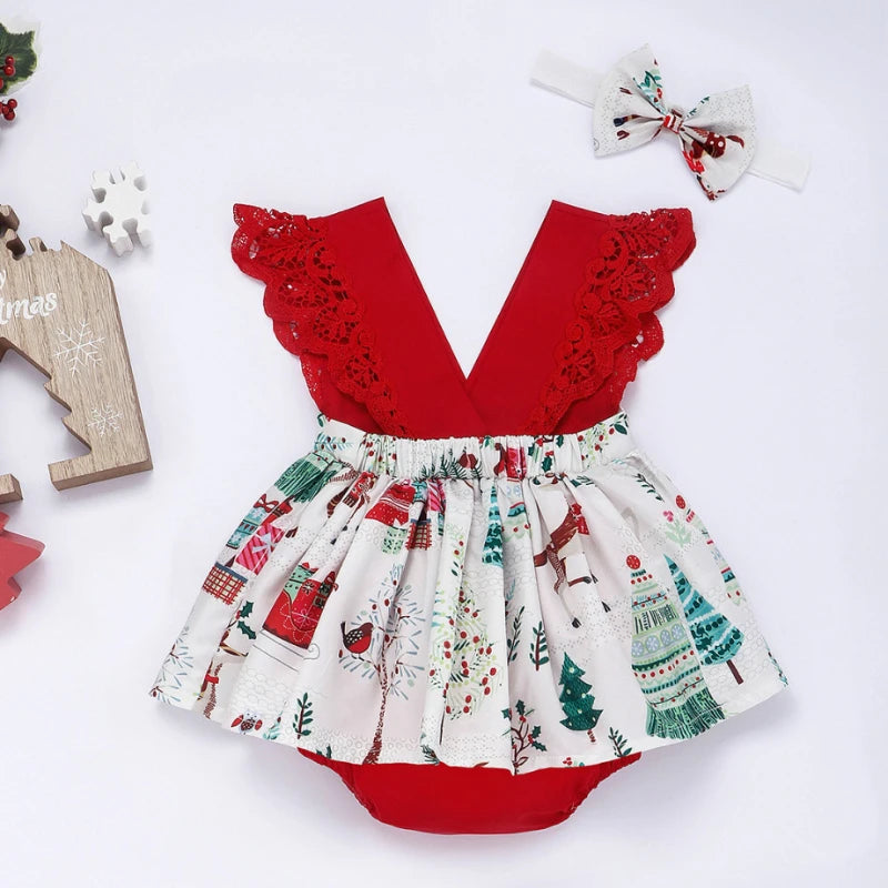 2-Piece Red Flower Baby Dress - Newborn to 24M Princess Outfit