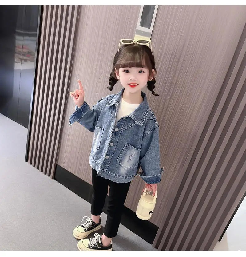Girls' Denim Jacket – Embroidered Cartoon Rabbit Coat for Kids (Ages 2-7), Autumn Casual Outerwear
