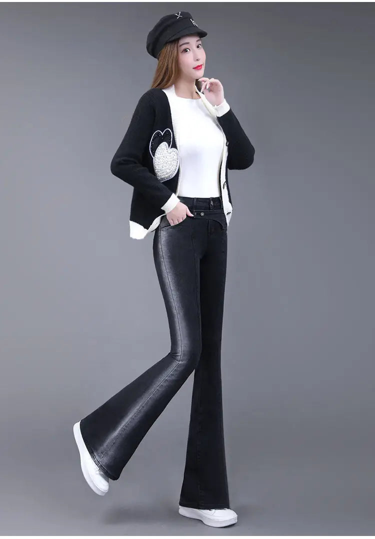 Vintage Gradient Black Slim Flare Jeans – High Waist, Casual.
