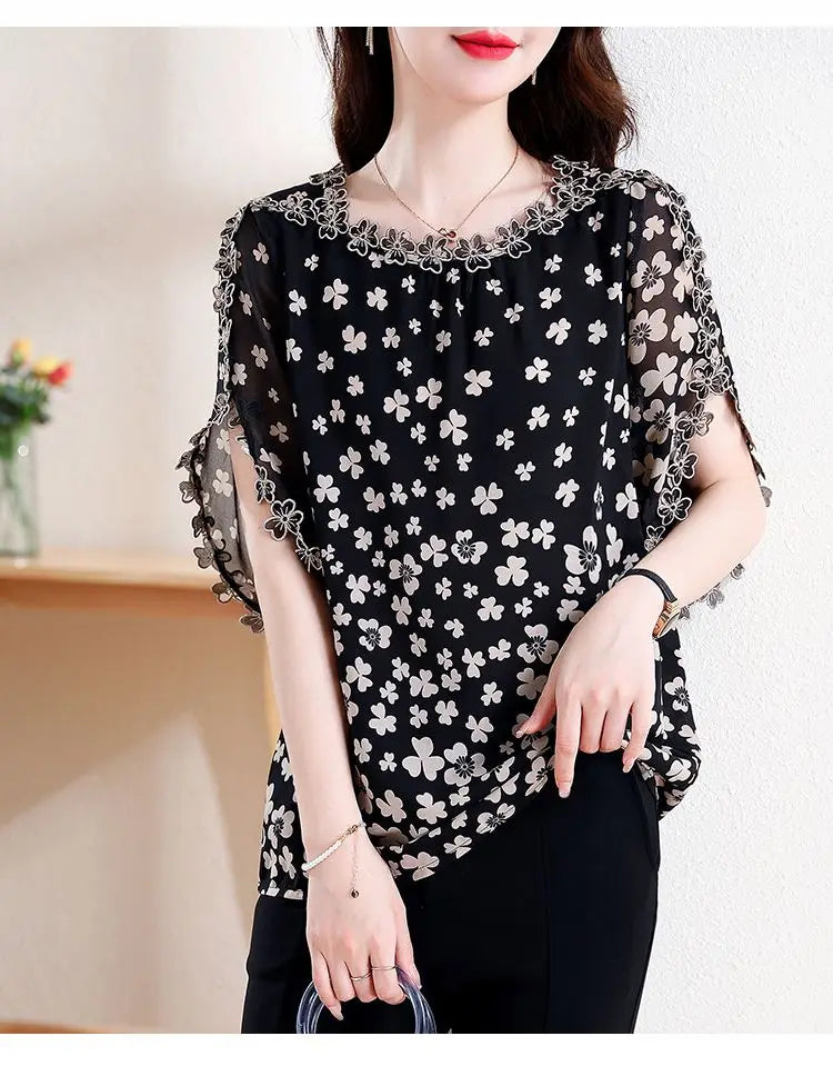 Women's Summer Elegant Chiffon Shirt – Loose Hollow Out O-Neck Short Sleeve Top for Casual All-Match Style